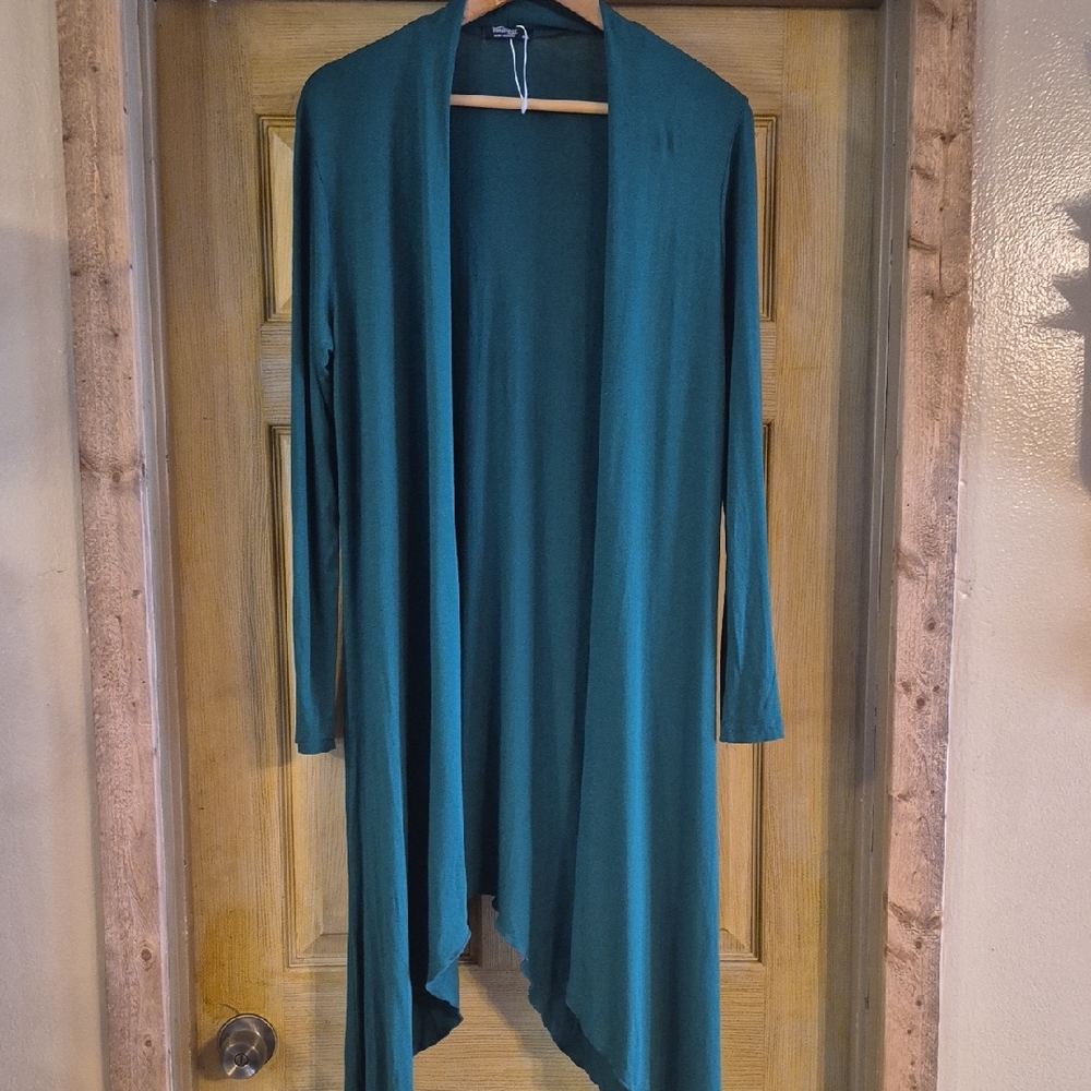 Meakeor Long Green Waterfall Open Front Hankerchief Hem Lightweight Cardigan XXL